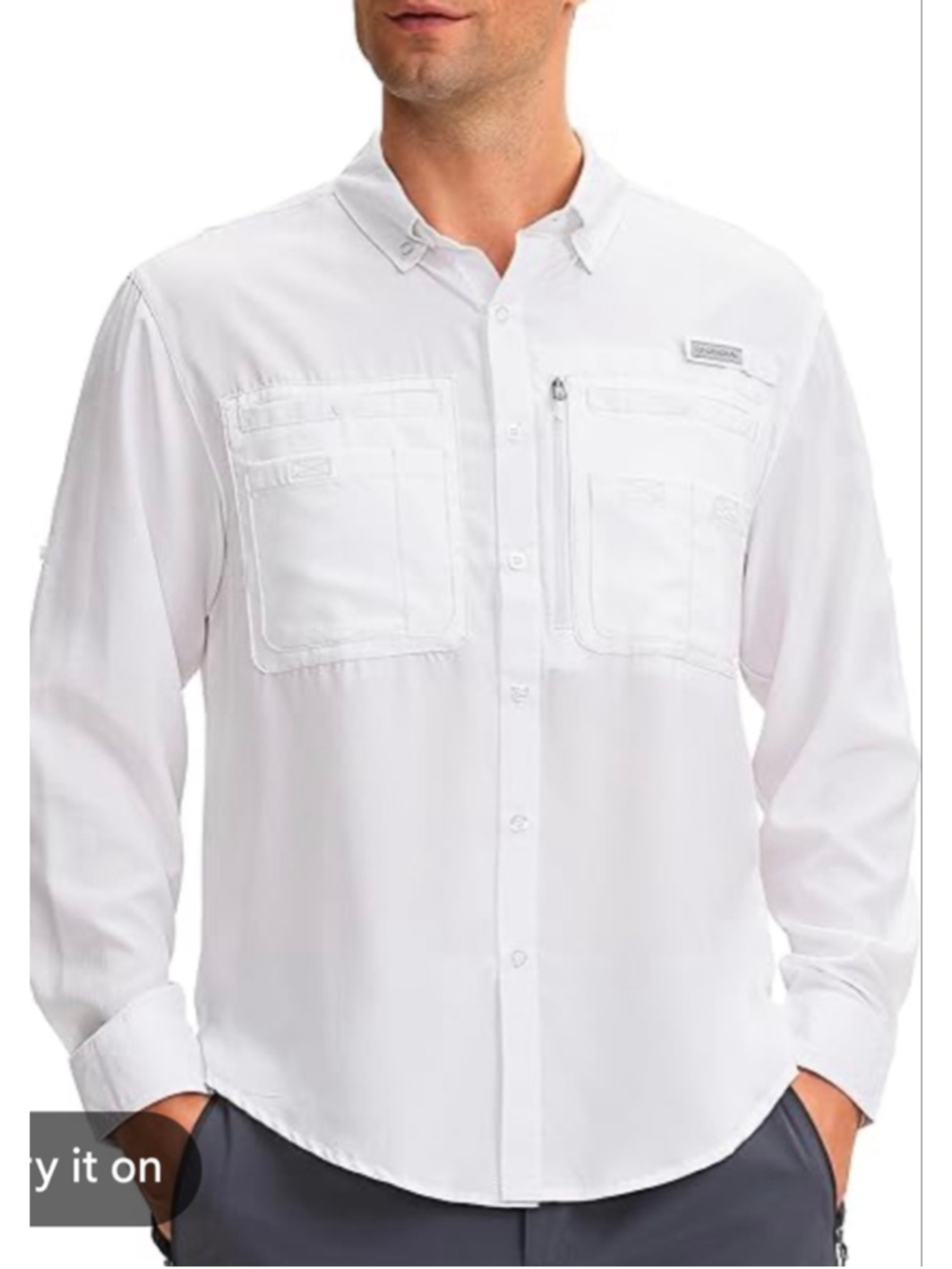 NEW White Men's Sun Protection Fishing Shirt Zipper Pockets Long Sleeve UPF50 S